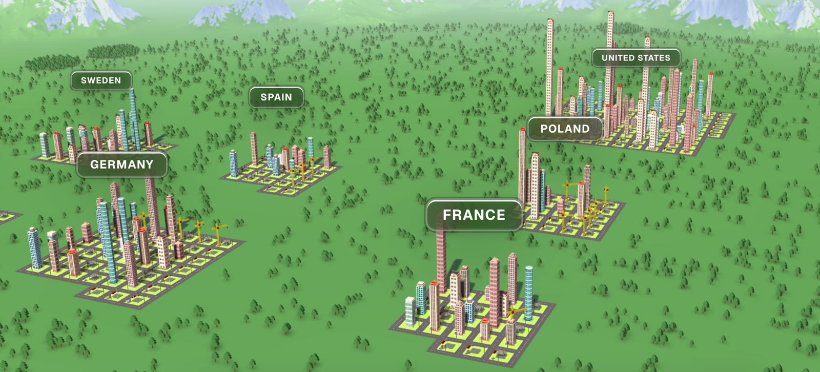 A customer base clustered into districts by country